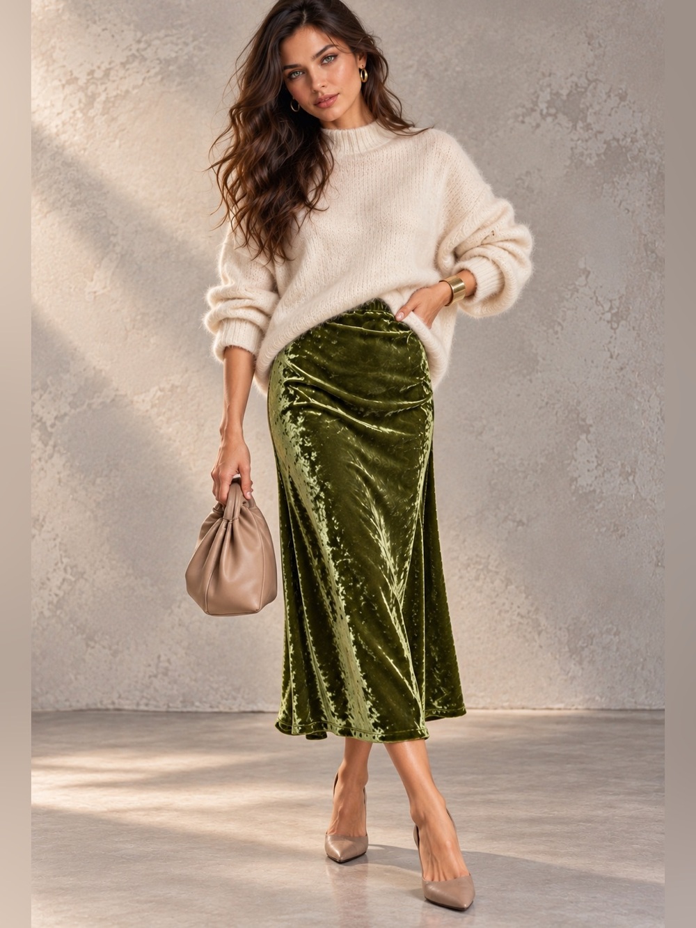 NWT Bryn Walker Olive Green Velvet Midi Skirt with Elastic Waistband